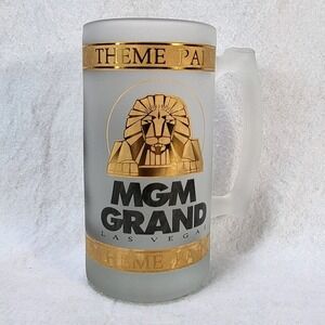 MGM Grand Las Vegas Glass Beer Mug Frosted Lion Logo 1993 Theme Park
